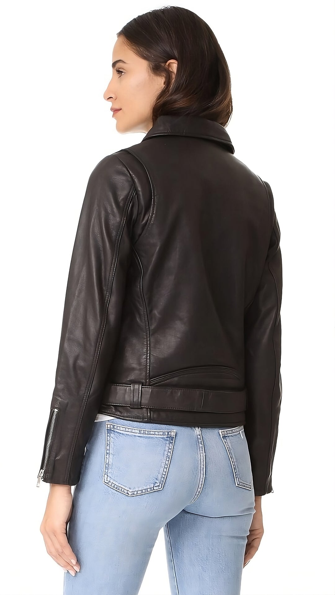 Silvertoned Belted Leather Moto Jacket