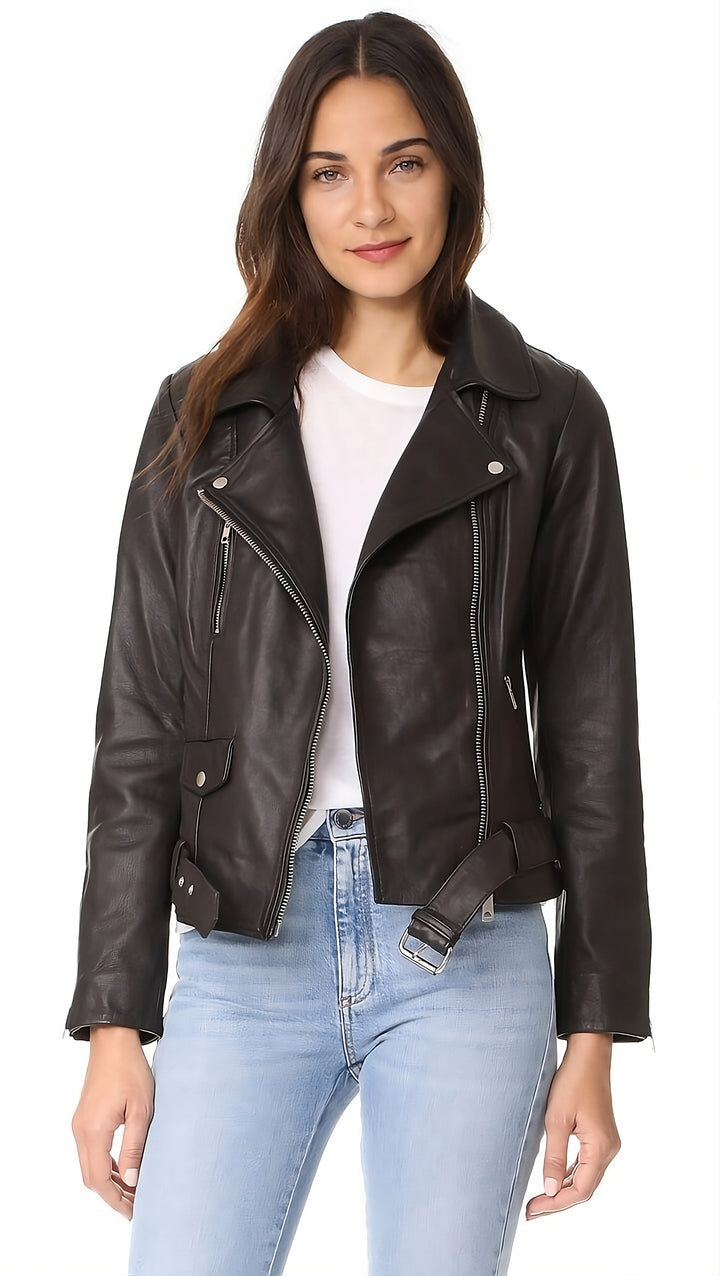 Silvertoned Belted Leather Moto Jacket