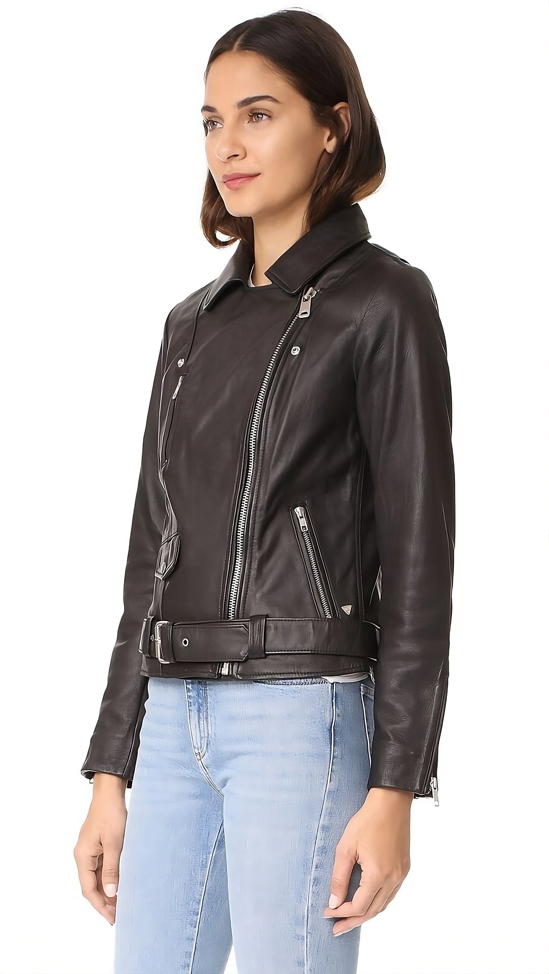 Silvertoned Belted Leather Moto Jacket