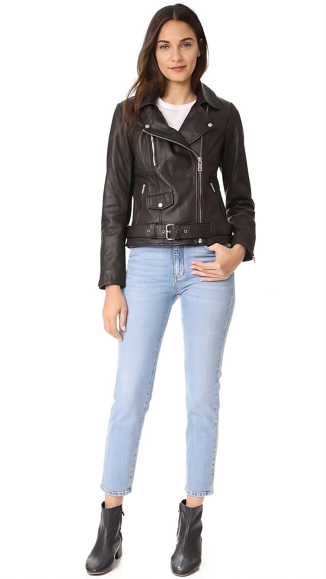 Silvertoned Belted Leather Moto Jacket