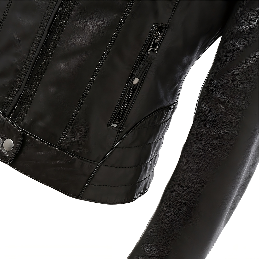 Slim Biker Button Waist Leather Jacket