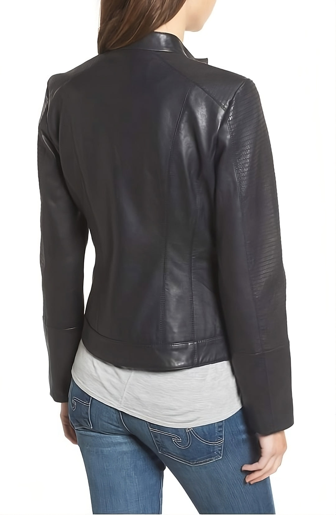 Snap Band Collar Leather Moto Jacket