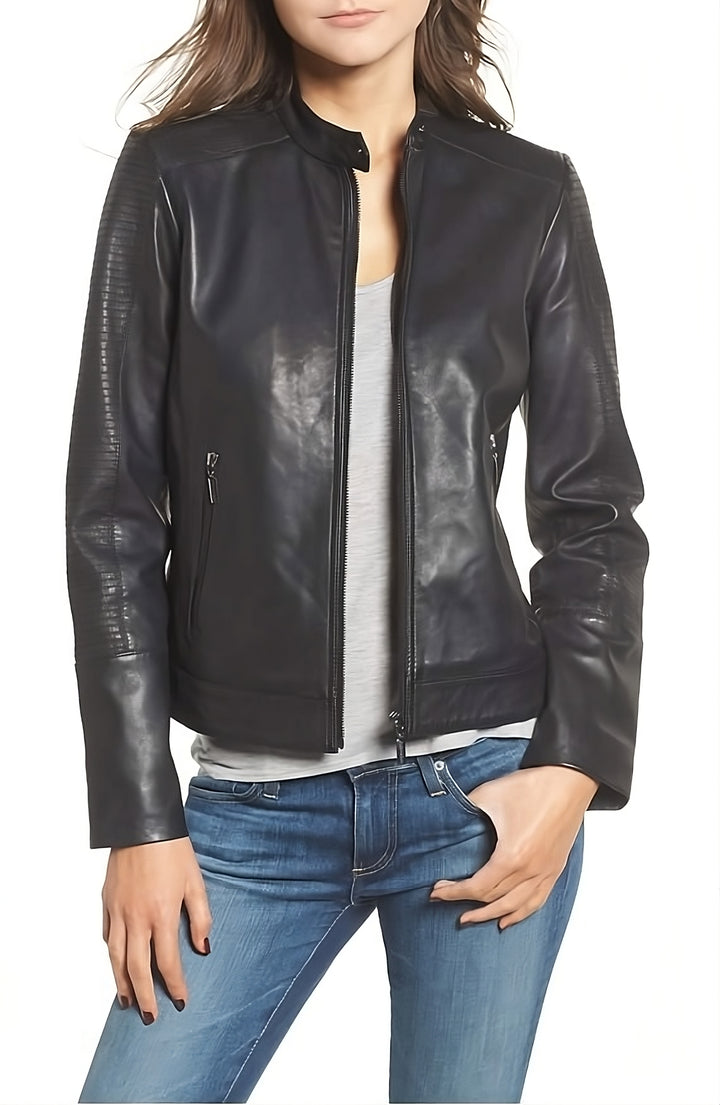 Snap Band Collar Leather Moto Jacket