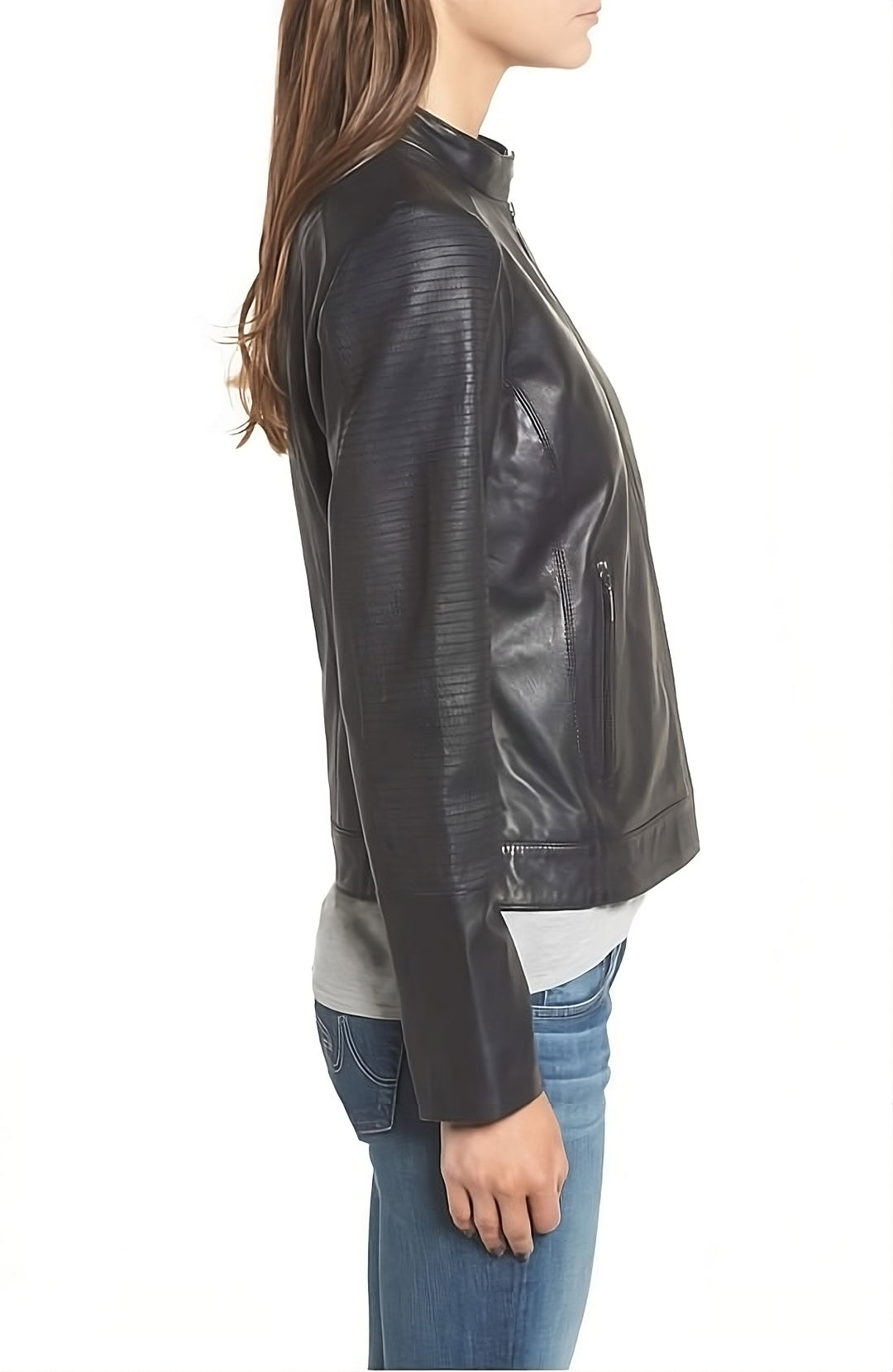 Snap Band Collar Leather Moto Jacket