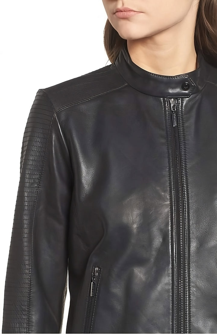 Snap Band Collar Leather Moto Jacket