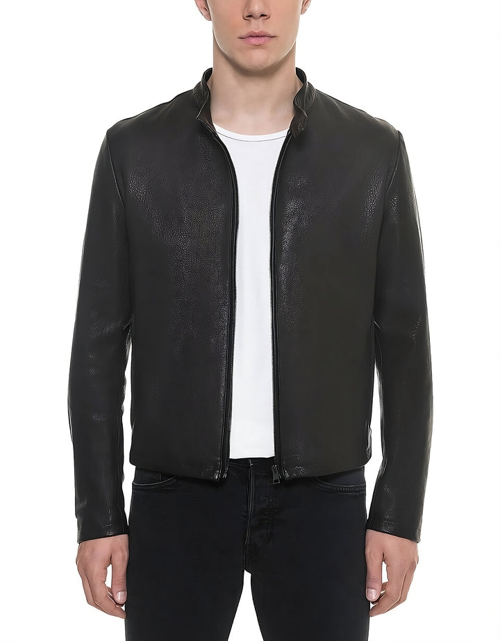 Standup Collar Modern Fit Leather Moto Jacket