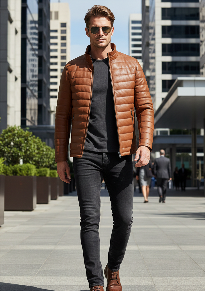 Tobacco Leather Puffer Jacket For Men