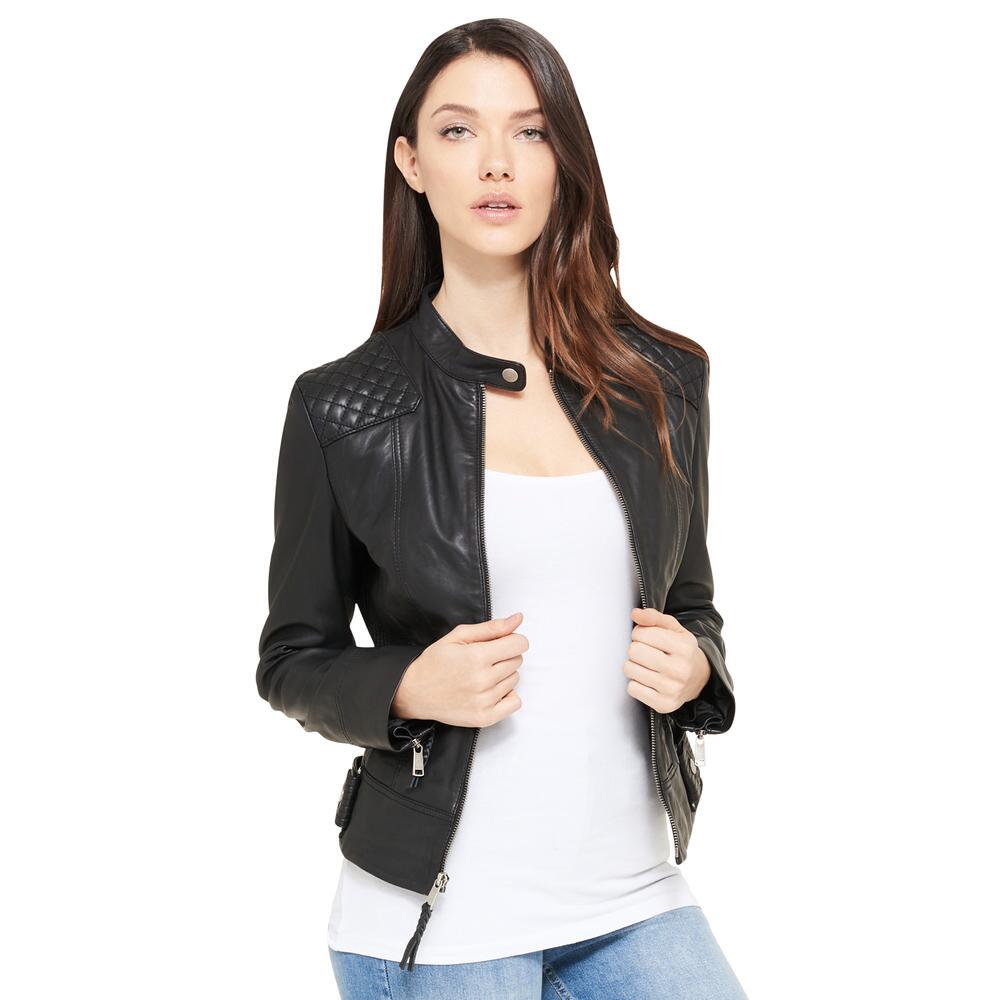 Wilsons Leather Center Zip Quilt Shoulder Leather Jacket