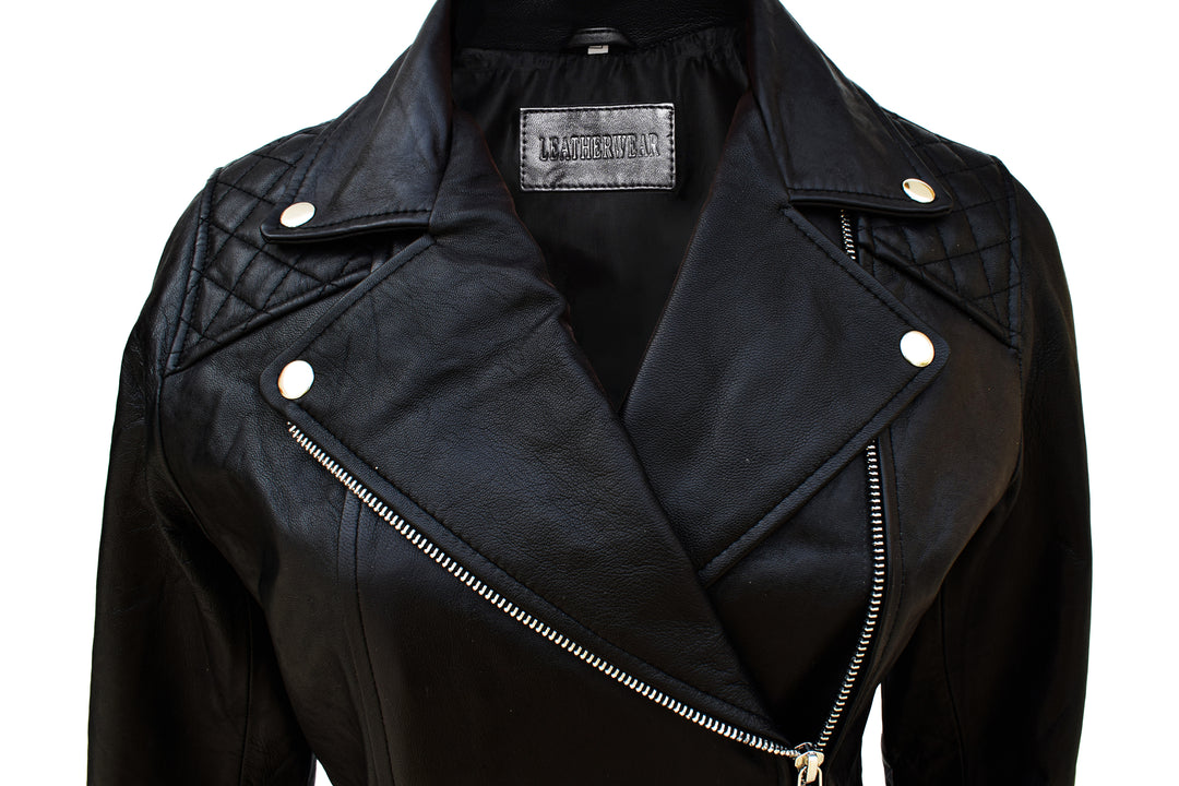 Black Padded Shoulder Leather Jacket For Women