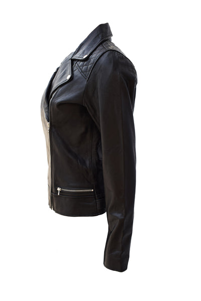 Black Padded Shoulder Leather Jacket For Sale